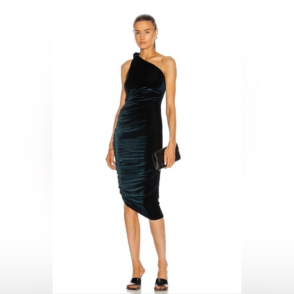 ALIX NYC Dresses & Skirts - Alix NYC One-Shoulder Emerald Velvet Dress – Asymmetrical Ruched, Size S